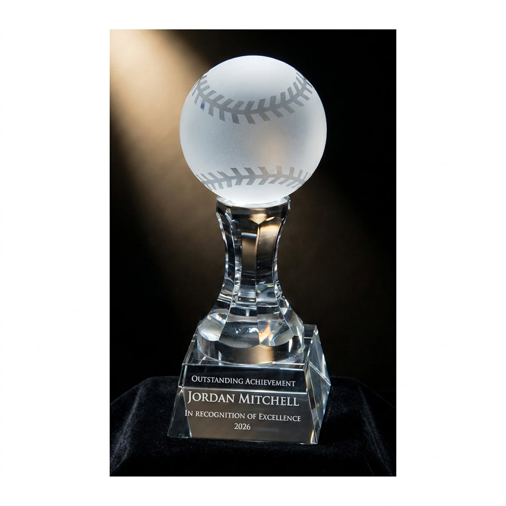 Personalized Baseball crystal award on black velvet under awards-ceremony spotlight, engraved champion and lifetime achievement award