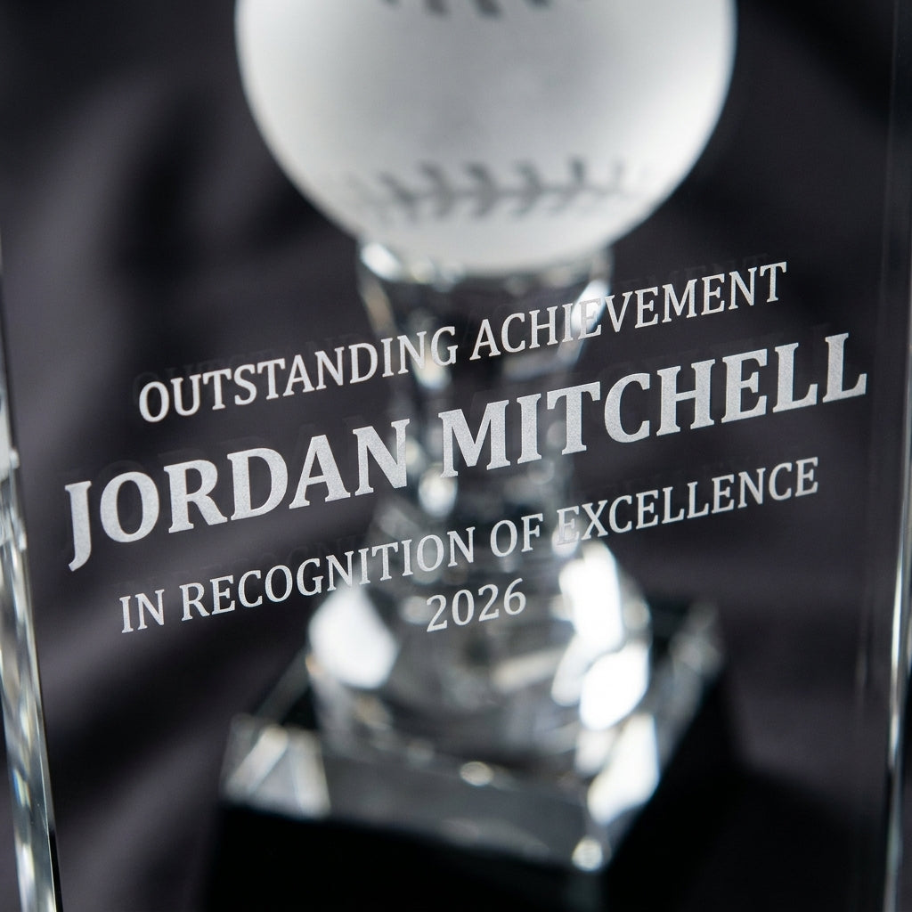 Close-up of the custom laser engraving on a personalized Baseball crystal award, showing crisp permanent personalization