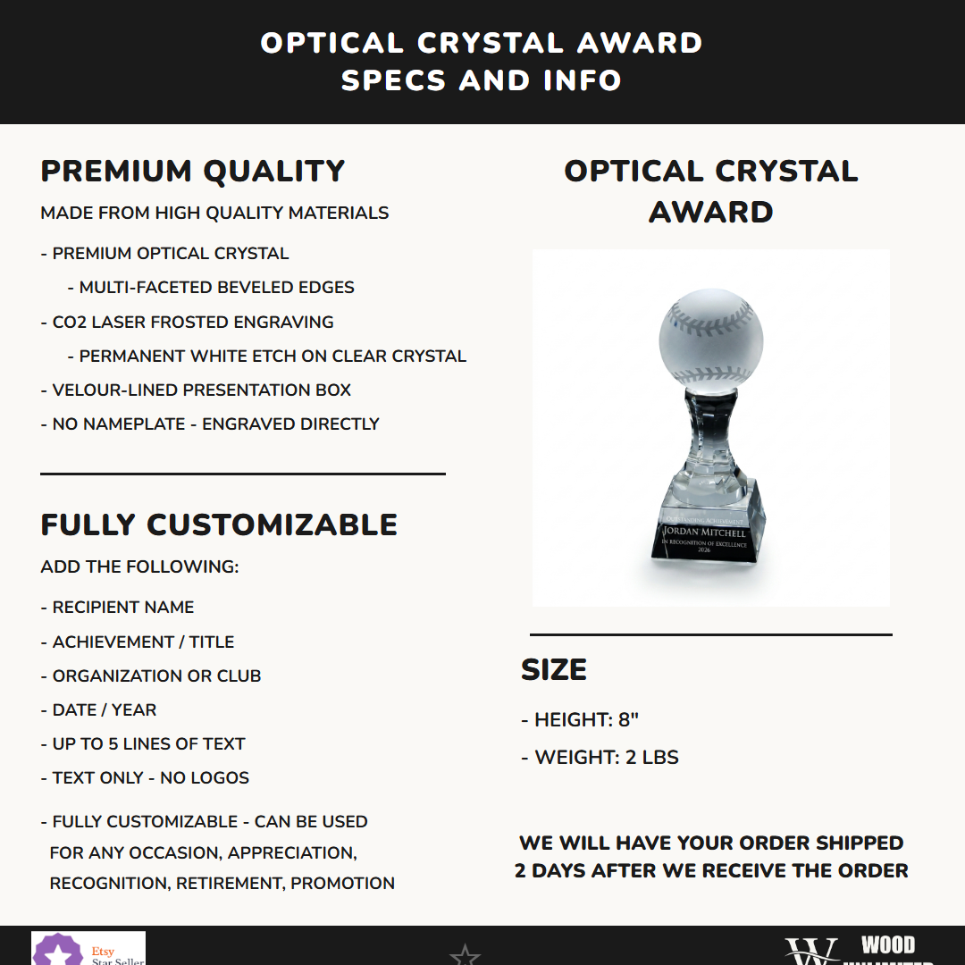 Specifications for the personalized Baseball crystal award — materials, engraving, and features