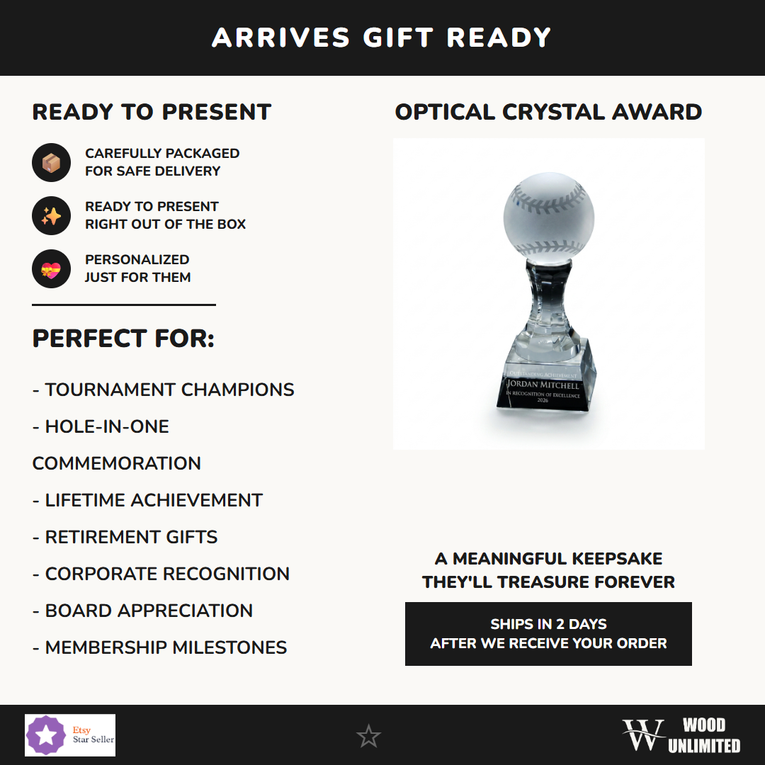 Gift-ready personalized Baseball crystal award, perfect for ceremonies, retirements, and corporate recognition