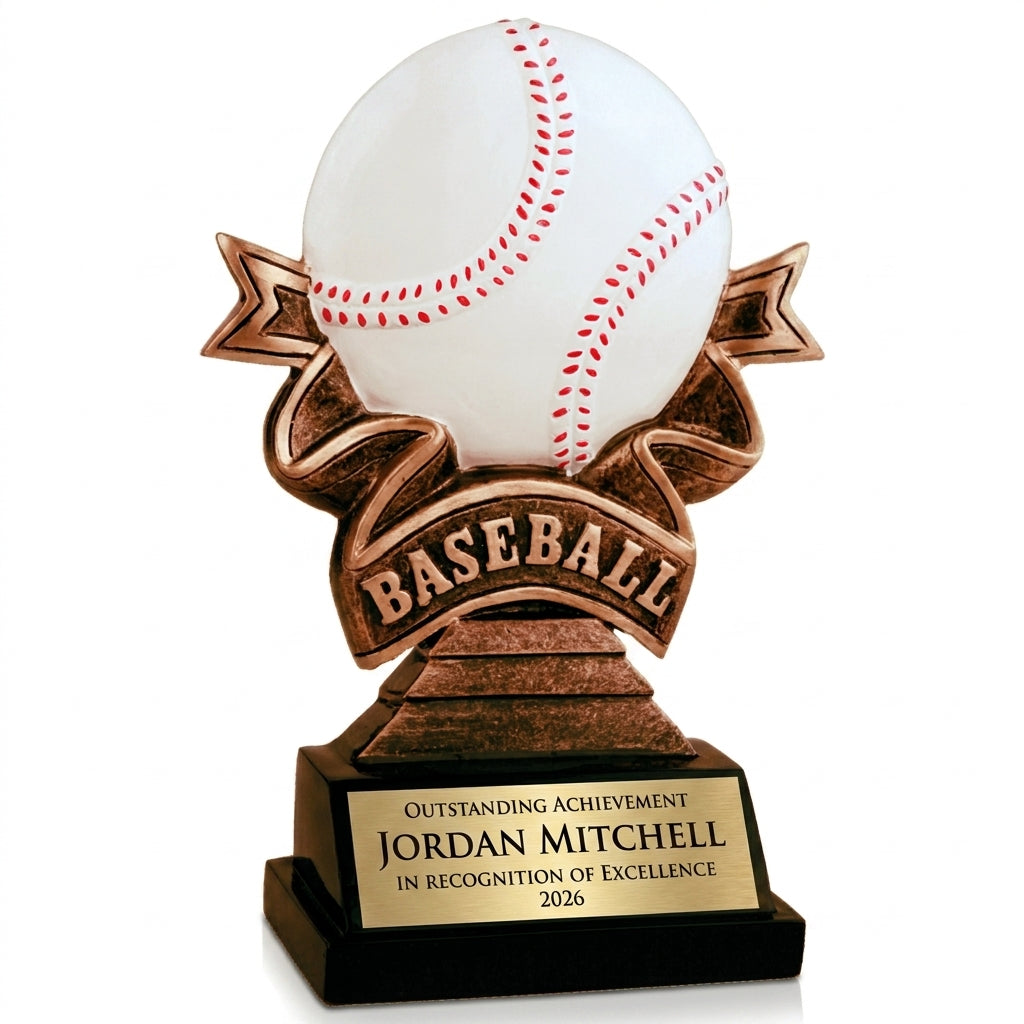 Personalized Baseball Resin Trophy Award resin award, custom laser engraved recognition award on a clean white studio background