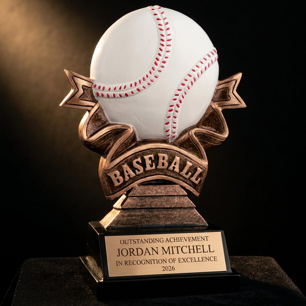 Personalized Baseball Resin Trophy Award resin award on black velvet under awards-ceremony spotlight, engraved champion and lifetime achievement award