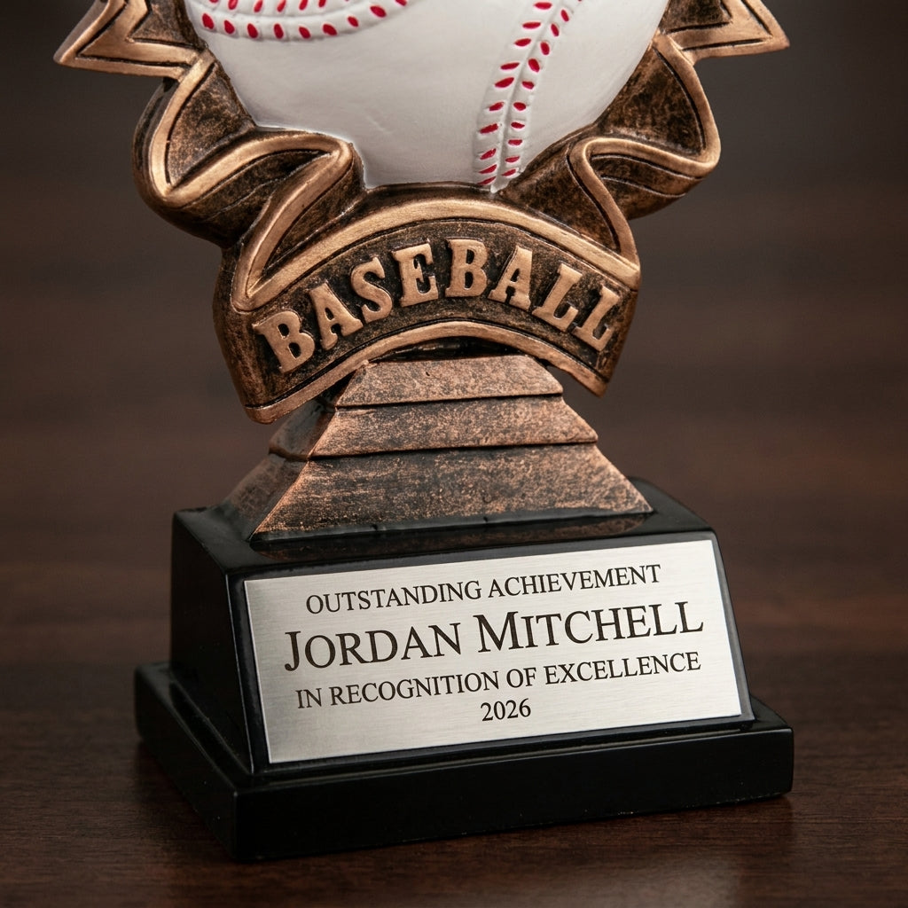 Close-up of the custom laser engraving on a personalized Baseball Resin Trophy Award resin award, showing crisp permanent personalization