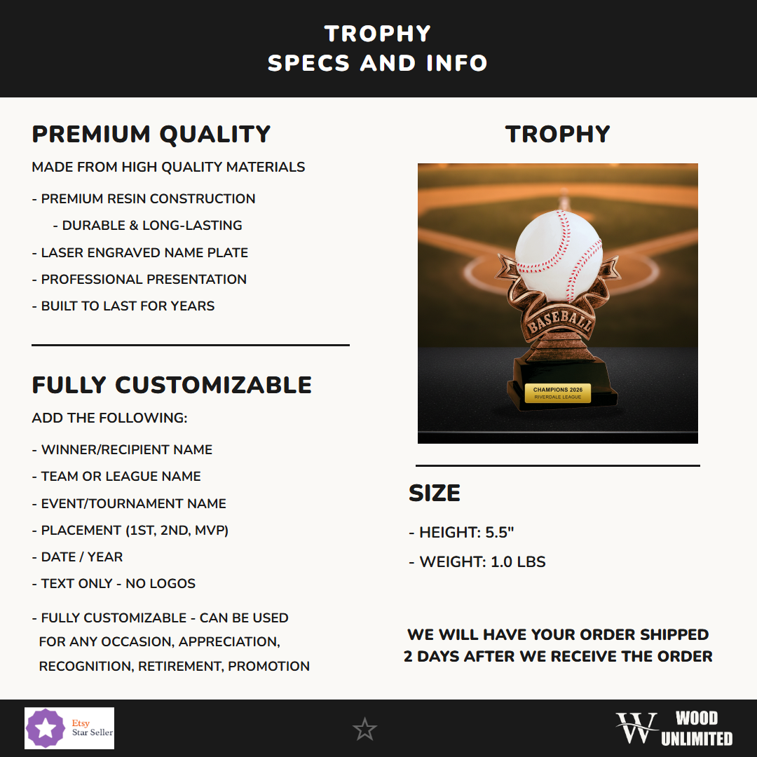 Specifications for the personalized Baseball Resin Trophy Award resin award — materials, engraving, and features
