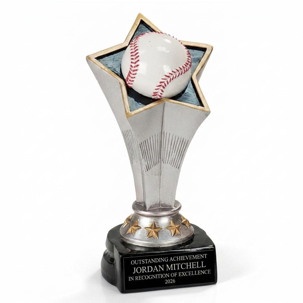 Personalized Baseball Rising Star Resin Award resin award, custom laser engraved recognition award on a clean white studio background