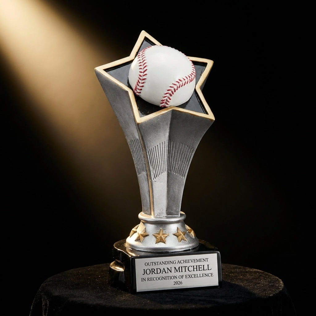 Personalized Baseball Rising Star Resin Award resin award on black velvet under awards-ceremony spotlight, engraved champion and lifetime achievement award
