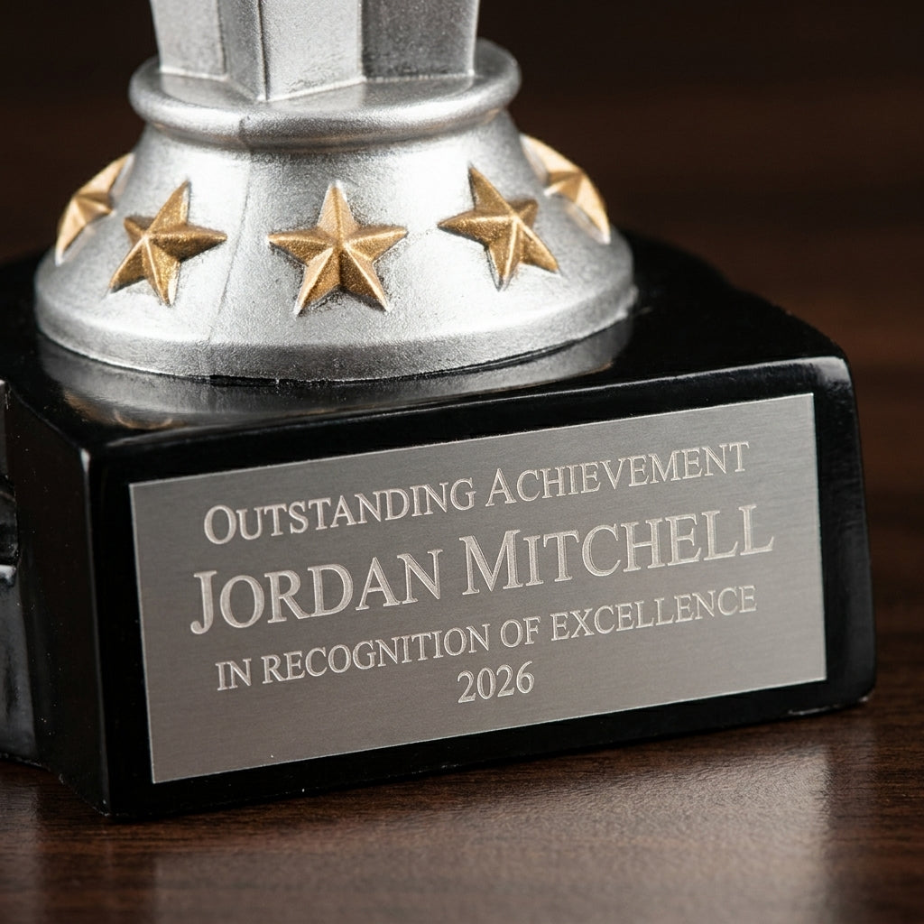 Close-up of the custom laser engraving on a personalized Baseball Rising Star Resin Award resin award, showing crisp permanent personalization
