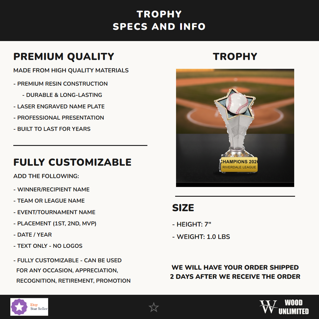Specifications for the personalized Baseball Rising Star Resin Award resin award — materials, engraving, and features