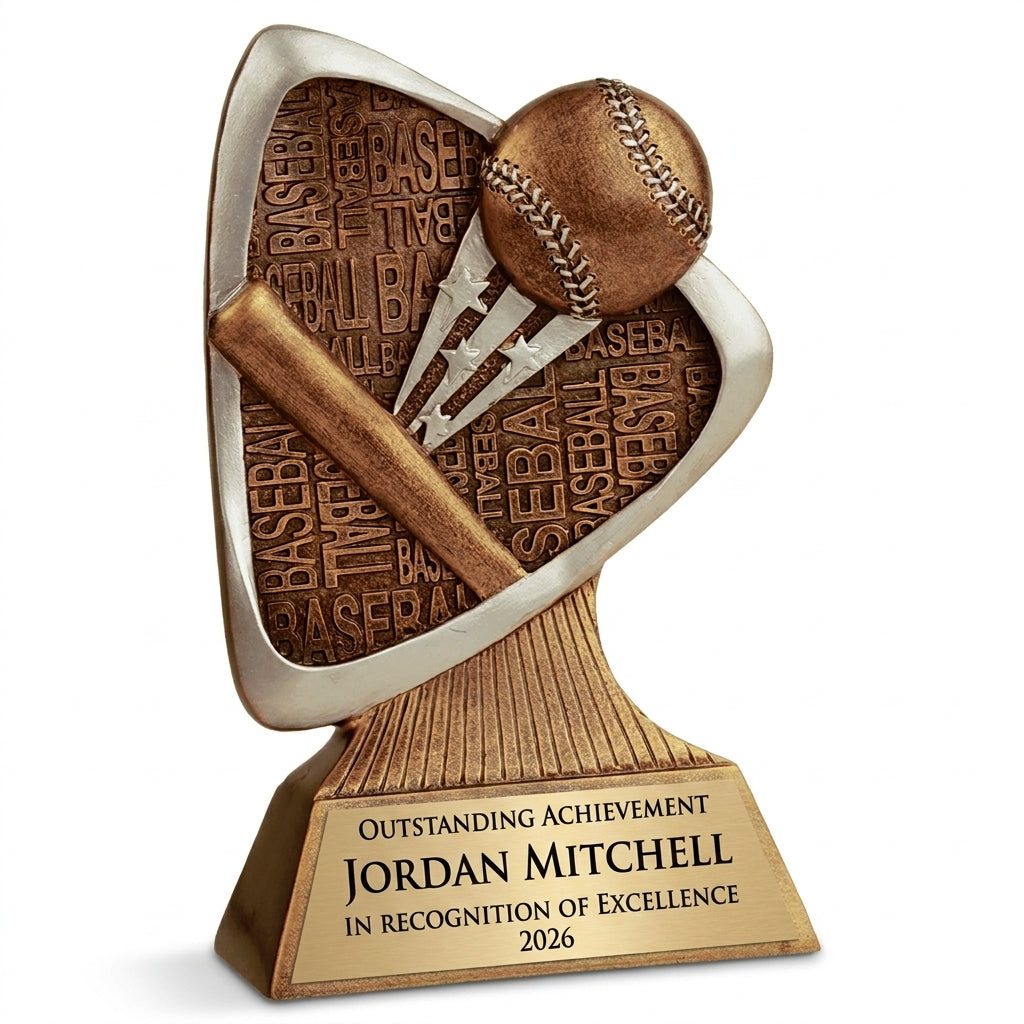 Personalized Baseball Triad Resin Award resin award, custom laser engraved recognition award on a clean white studio background