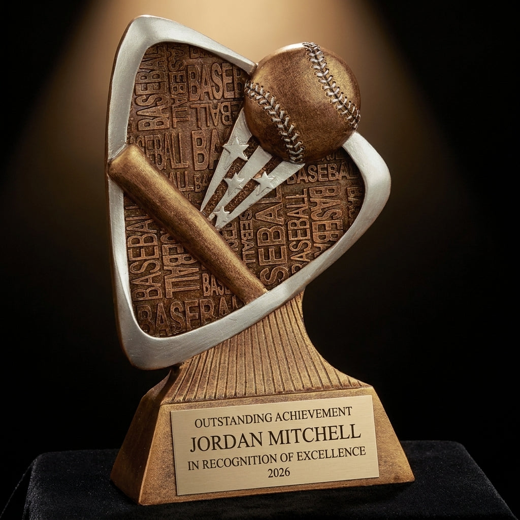 Personalized Baseball Triad Resin Award resin award on black velvet under awards-ceremony spotlight, engraved champion and lifetime achievement award