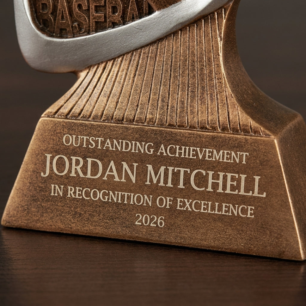 Close-up of the custom laser engraving on a personalized Baseball Triad Resin Award resin award, showing crisp permanent personalization