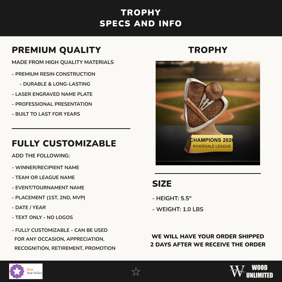 Specifications for the personalized Baseball Triad Resin Award resin award — materials, engraving, and features