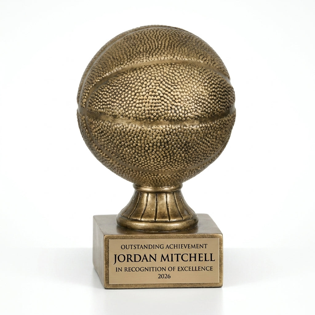Personalized Basketball Antique Metallic Resin Award resin award, custom laser engraved recognition award on a clean white studio background