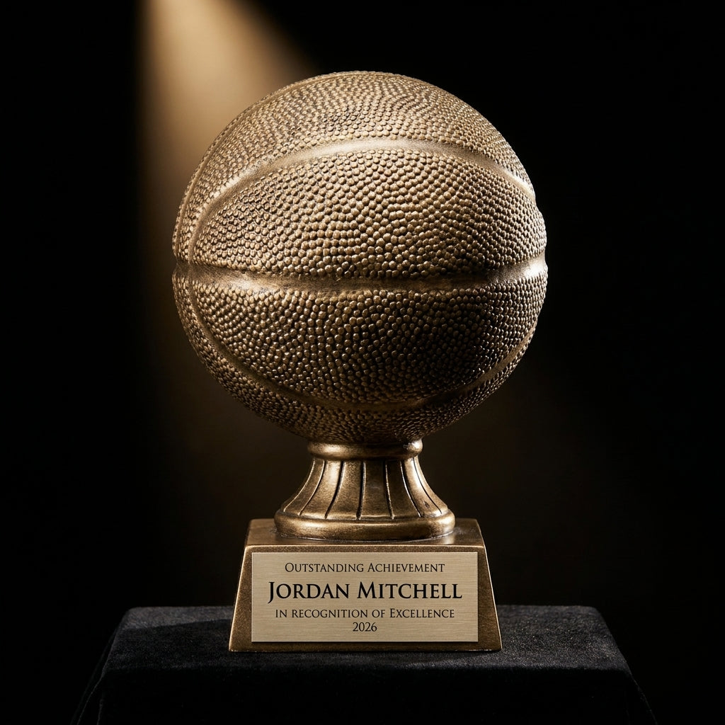 Personalized Basketball Antique Metallic Resin Award resin award on black velvet under awards-ceremony spotlight, engraved champion and lifetime achievement award