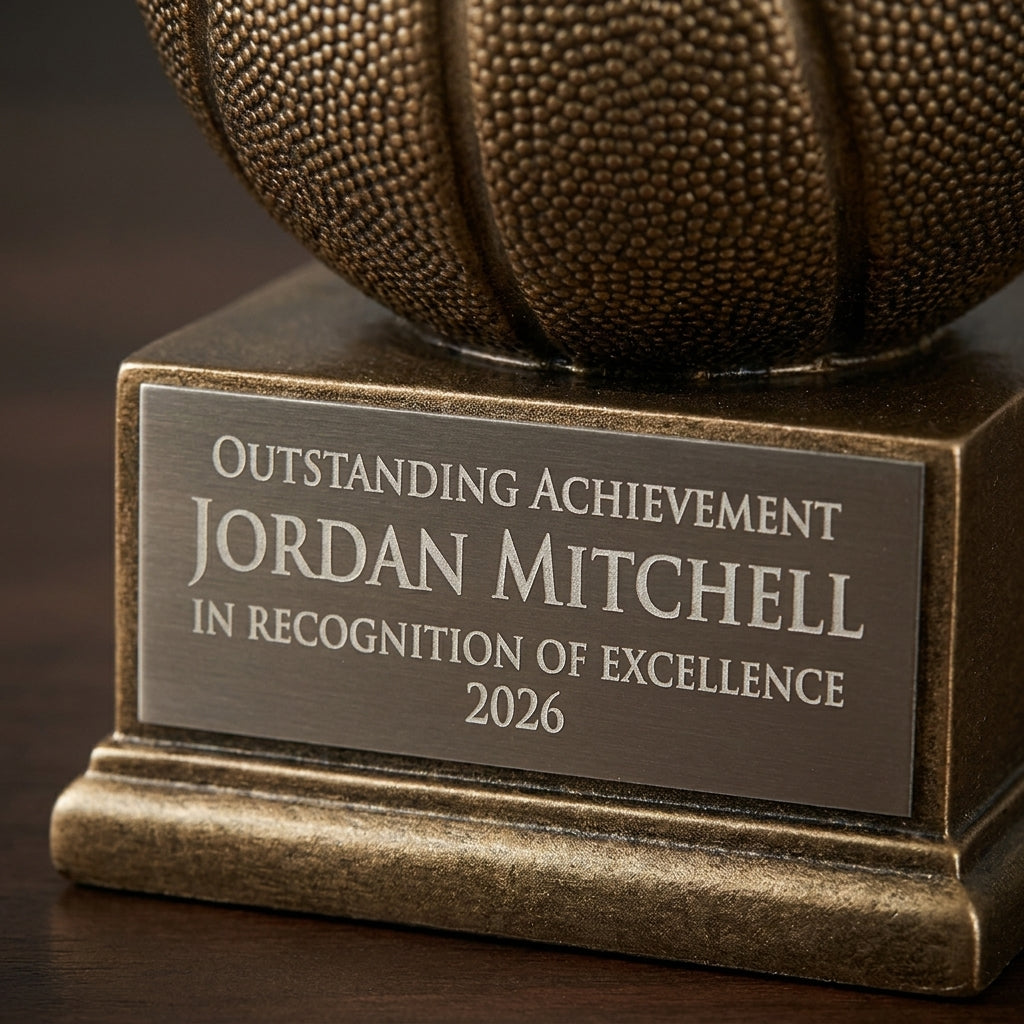 Close-up of the custom laser engraving on a personalized Basketball Antique Metallic Resin Award resin award, showing crisp permanent personalization