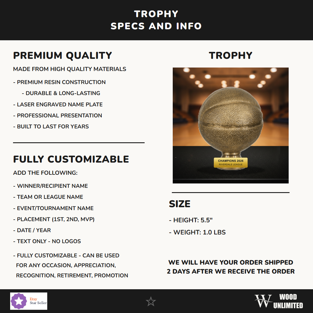 Specifications for the personalized Basketball Antique Metallic Resin Award resin award — materials, engraving, and features