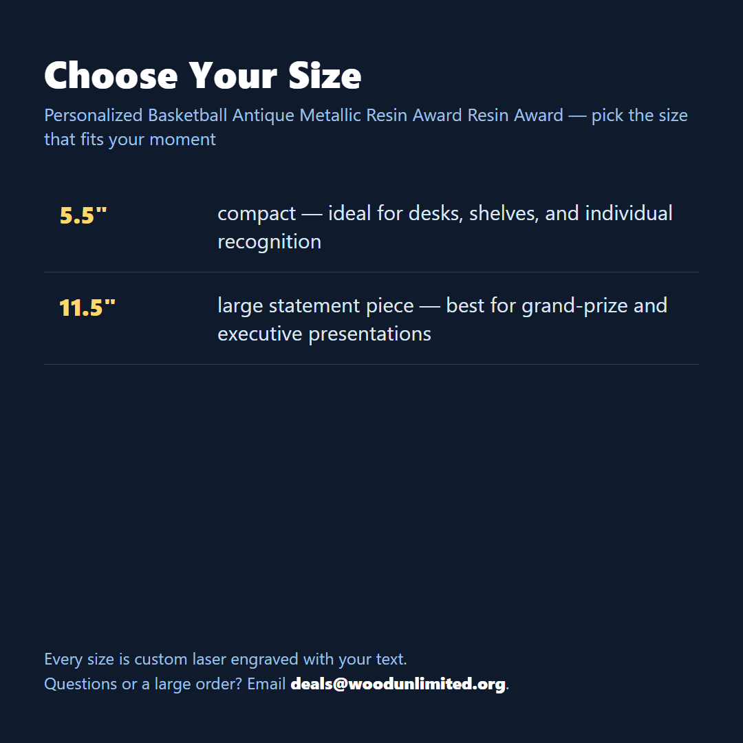 Size guide for the personalized Basketball Antique Metallic Resin Award resin award, choose the size that fits your ceremony or gift