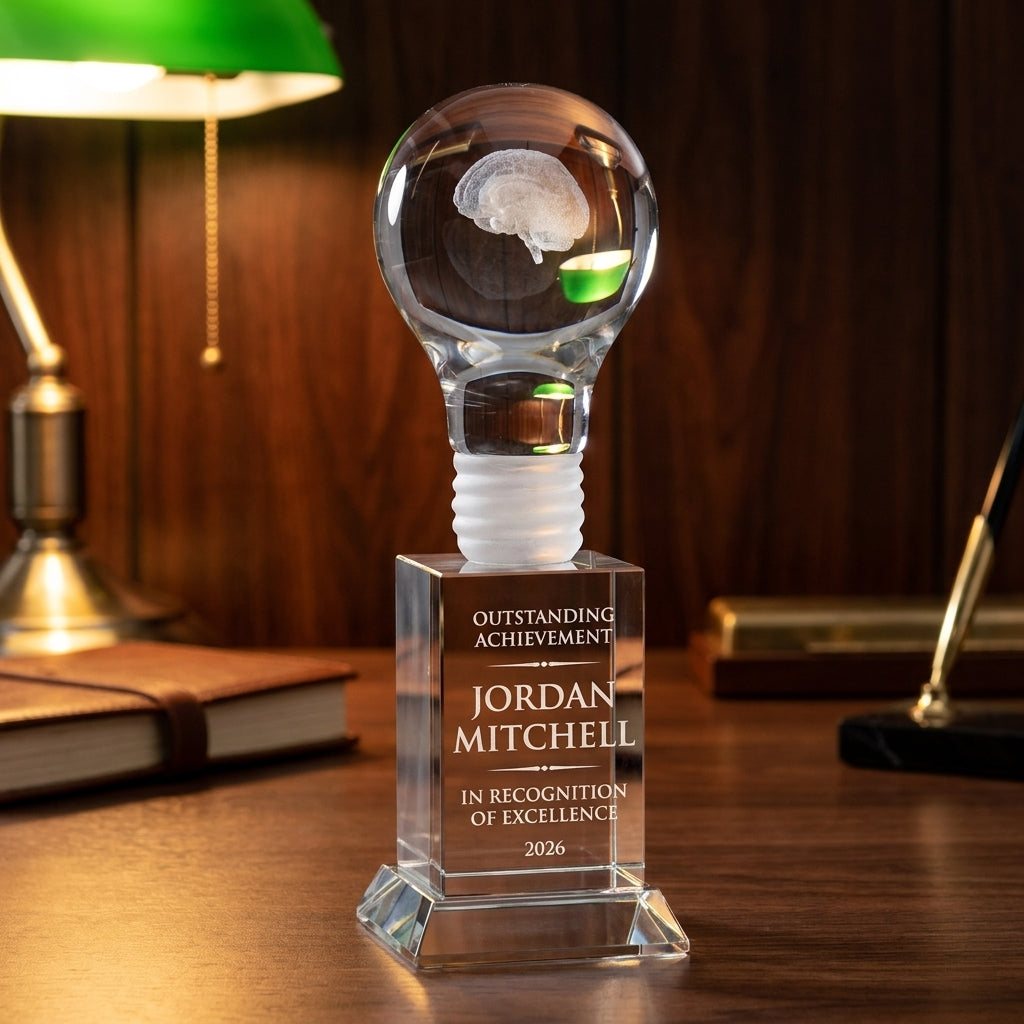 Personalized Basketball Crystal Award crystal award on a warm executive desk with a green banker's lamp, engraved corporate recognition and retirement gift