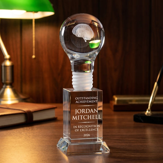Personalized Basketball Crystal Award crystal award on a warm executive desk with a green banker's lamp, engraved corporate recognition and retirement gift
