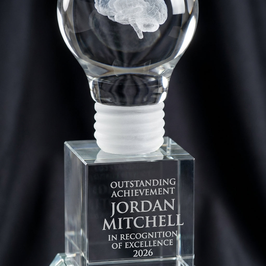 Close-up of the custom laser engraving on a personalized Basketball Crystal Award crystal award, showing crisp permanent personalization