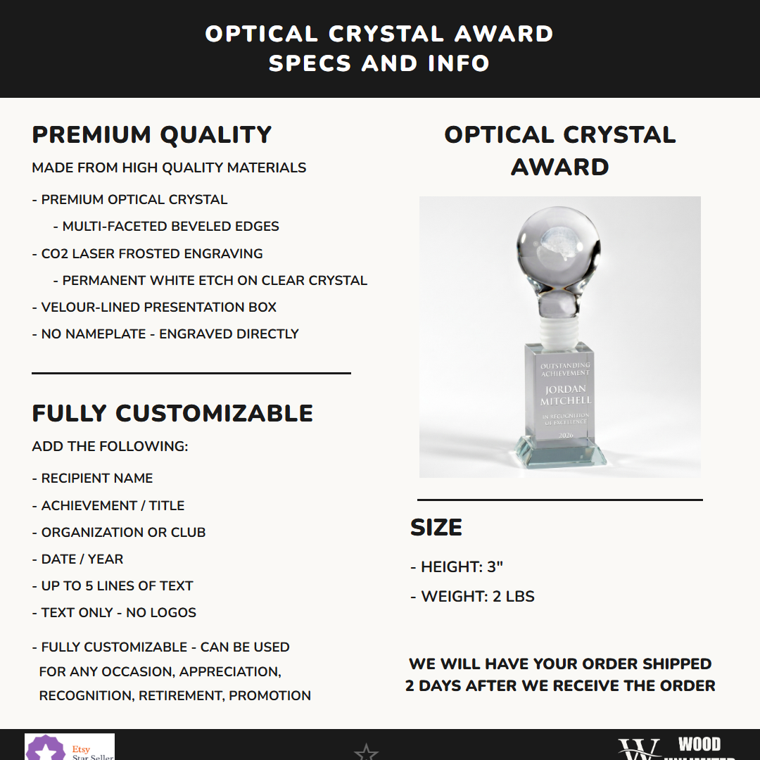 Specifications for the personalized Basketball Crystal Award crystal award — materials, engraving, and features
