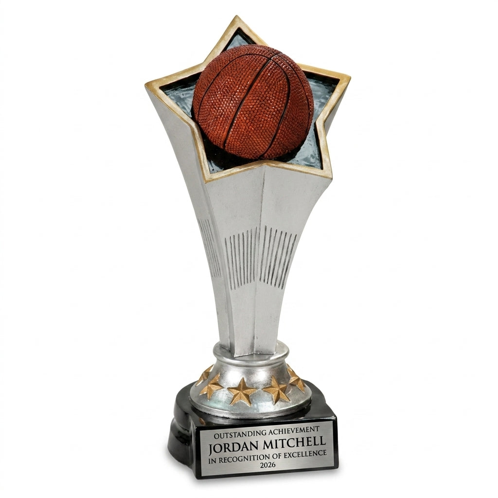 Personalized Basketball Rising Star Resin Award resin award, custom laser engraved recognition award on a clean white studio background
