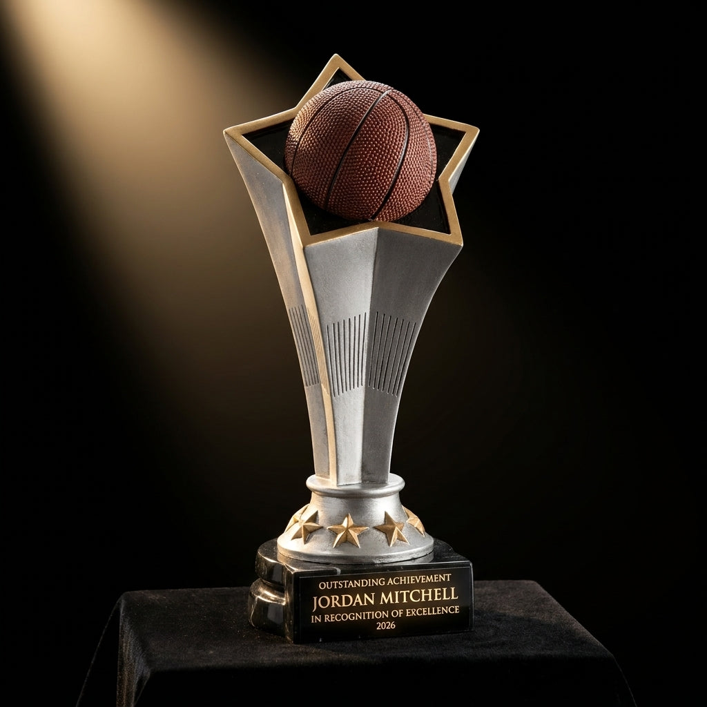 Personalized Basketball Rising Star Resin Award resin award on black velvet under awards-ceremony spotlight, engraved champion and lifetime achievement award