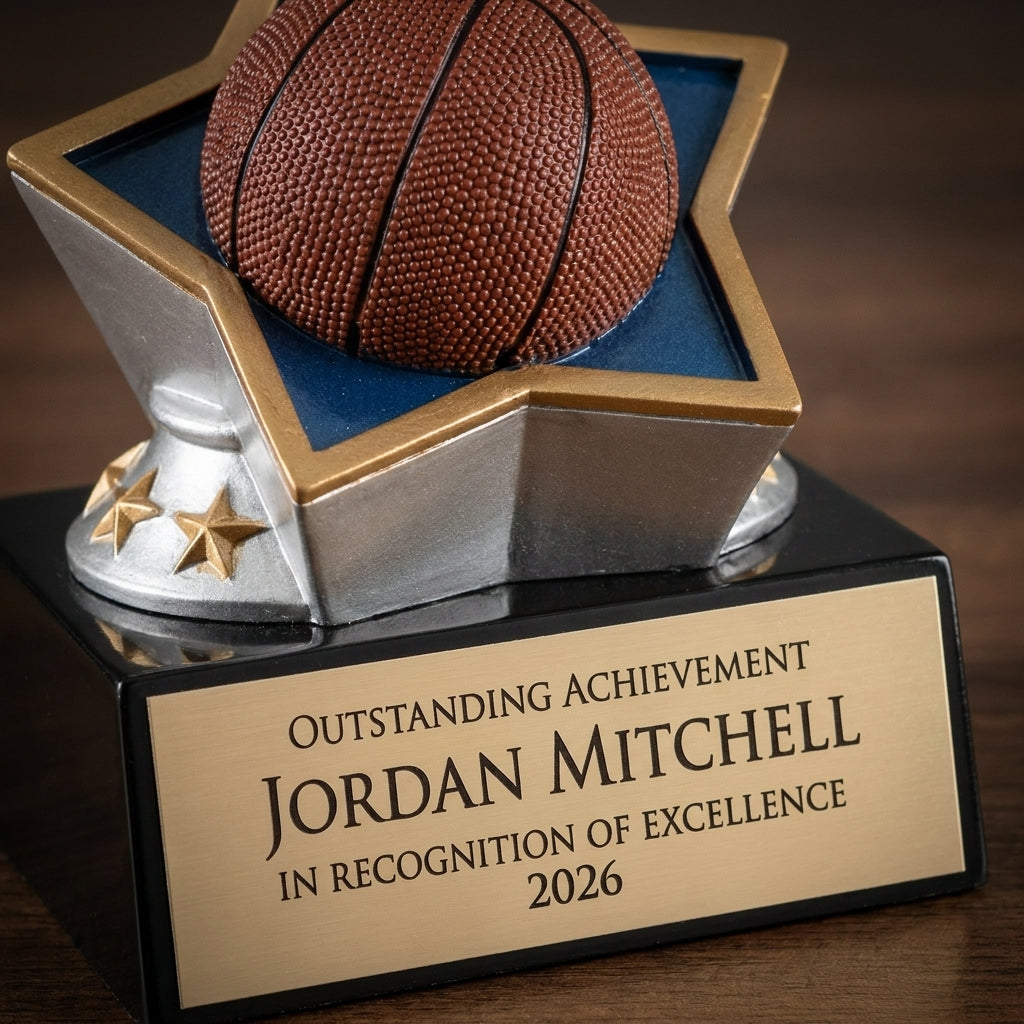 Close-up of the custom laser engraving on a personalized Basketball Rising Star Resin Award resin award, showing crisp permanent personalization