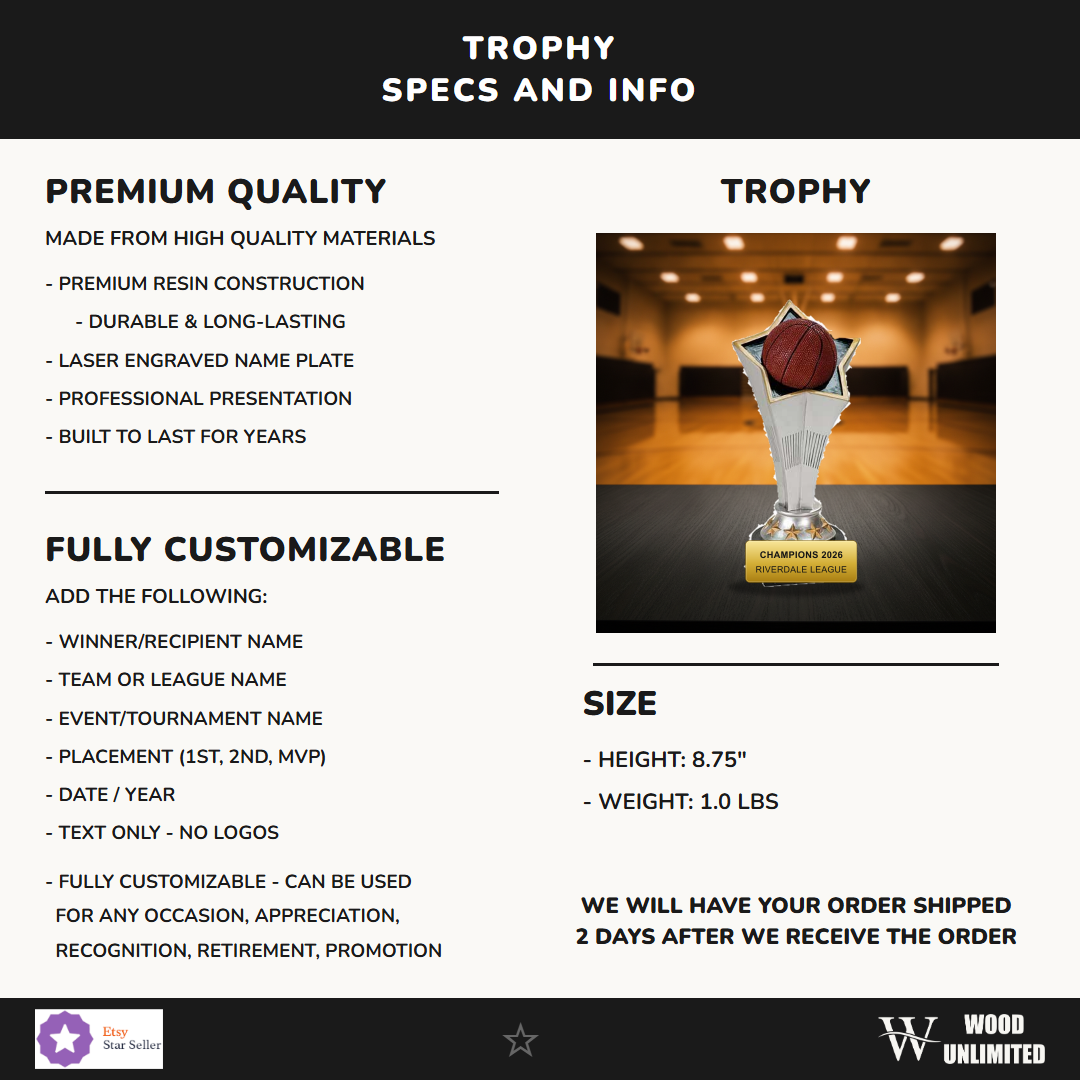 Specifications for the personalized Basketball Rising Star Resin Award resin award — materials, engraving, and features