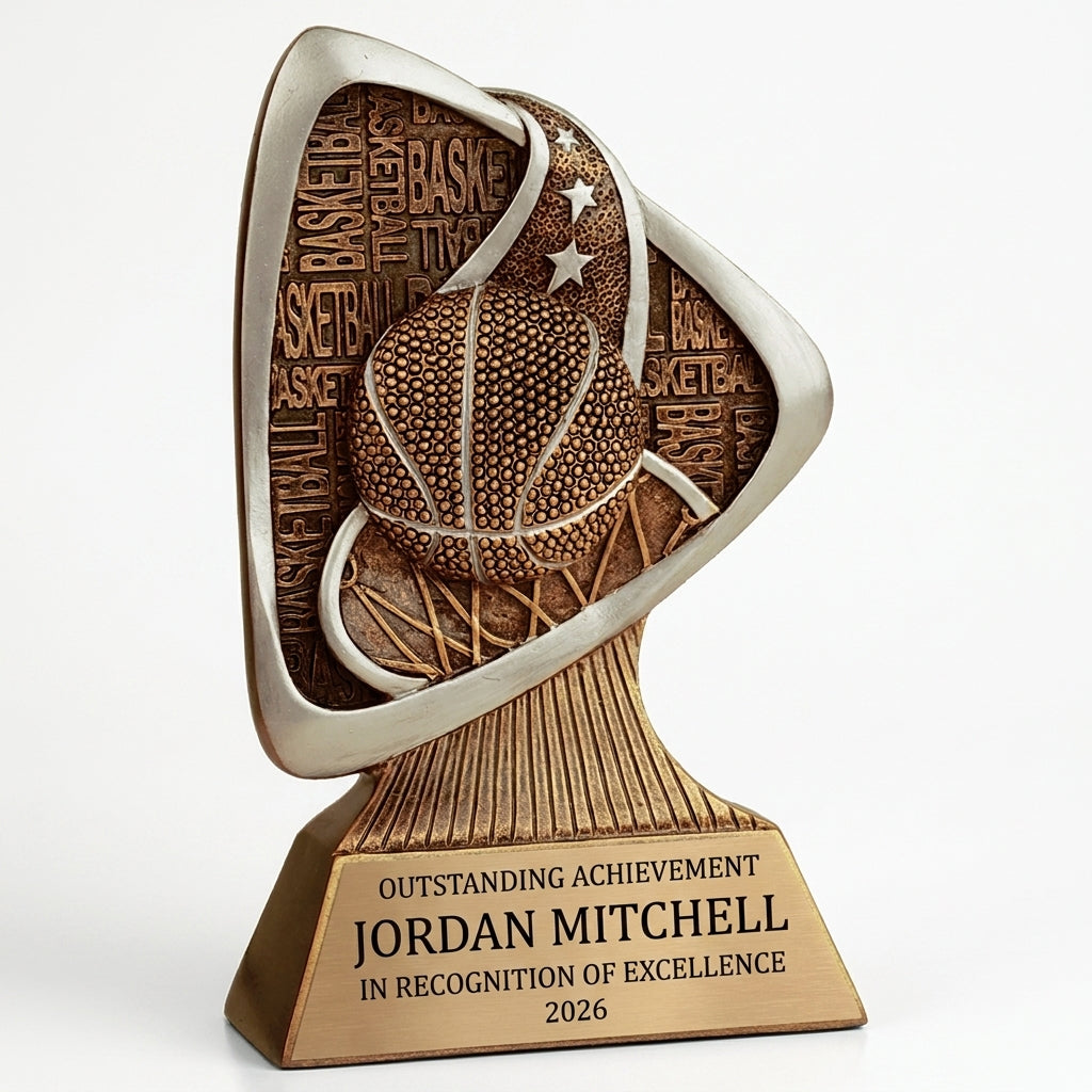Personalized Basketball Triad Resin Award resin award, custom laser engraved recognition award on a clean white studio background