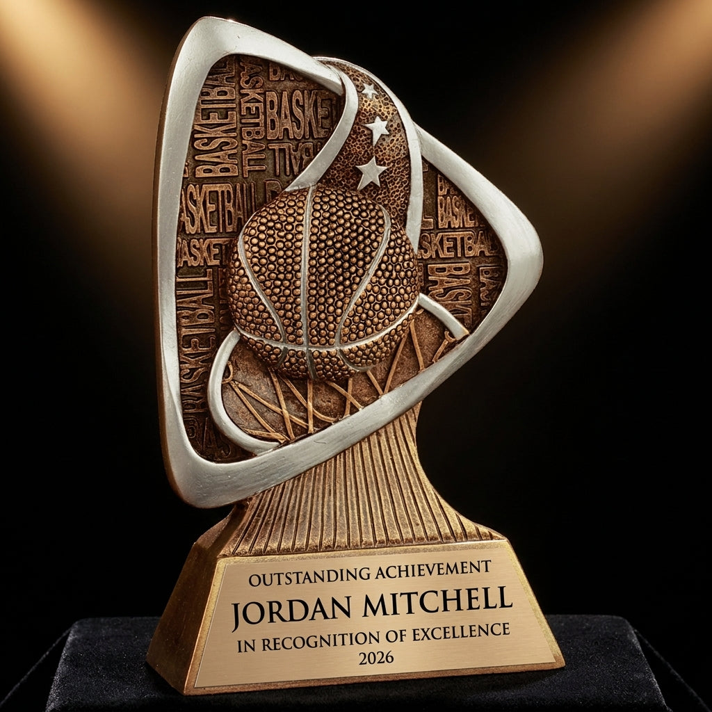 Personalized Basketball Triad Resin Award resin award on black velvet under awards-ceremony spotlight, engraved champion and lifetime achievement award