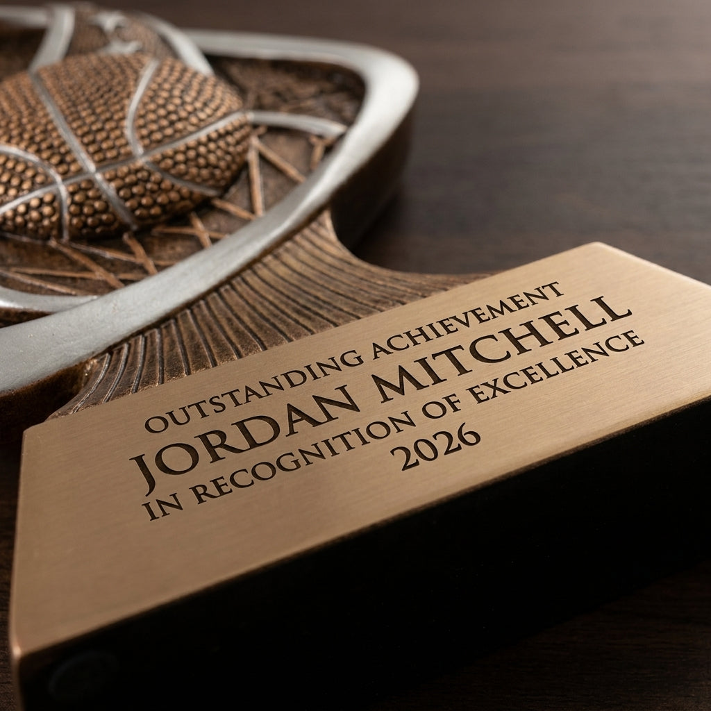 Close-up of the custom laser engraving on a personalized Basketball Triad Resin Award resin award, showing crisp permanent personalization