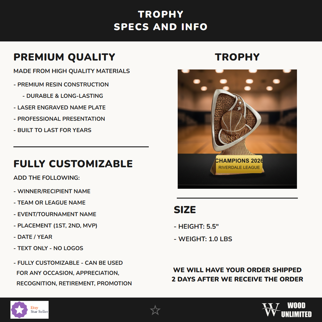Specifications for the personalized Basketball Triad Resin Award resin award — materials, engraving, and features