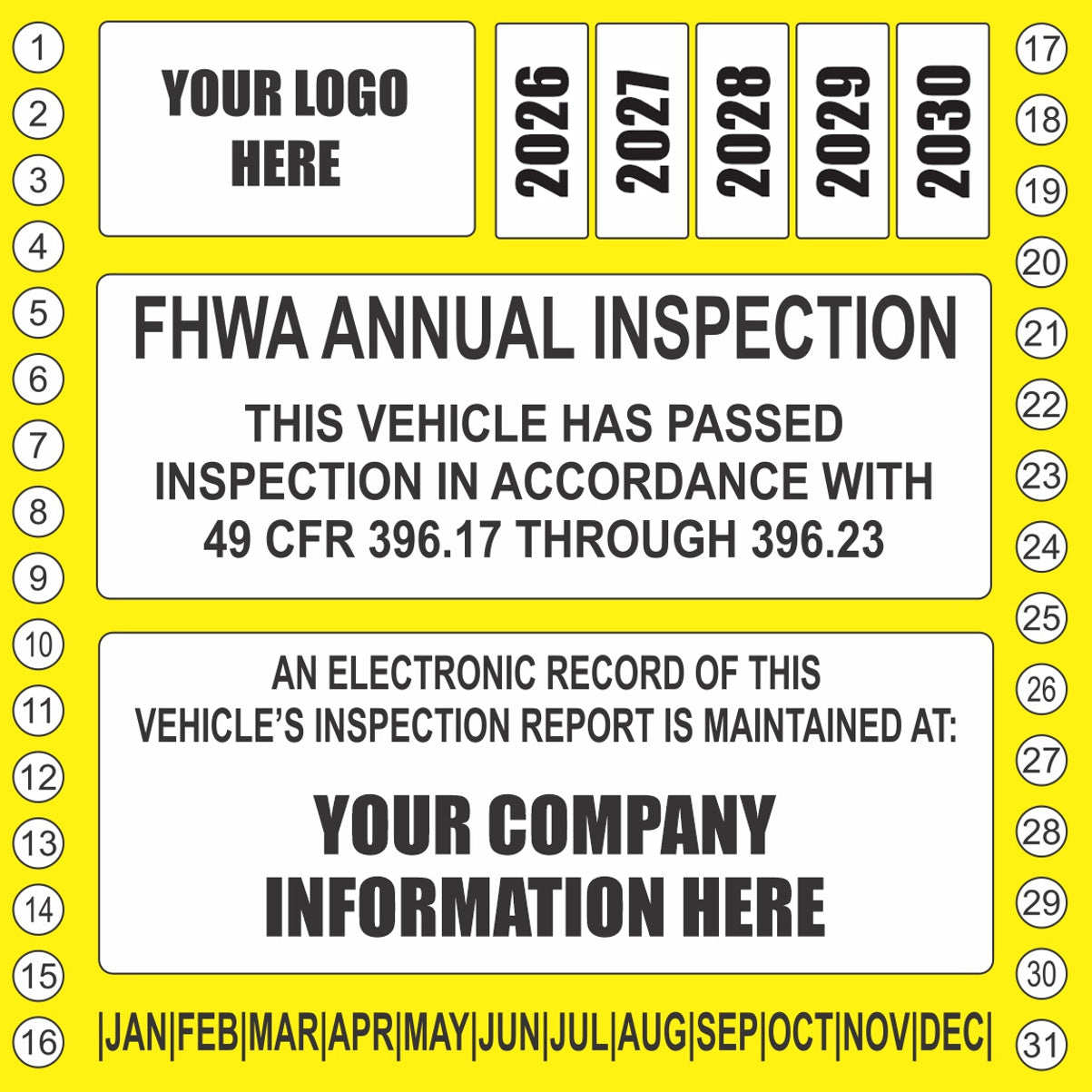 Yellow FHWA DOT annual inspection sticker with personalized company information panel