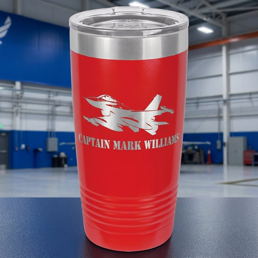 F16 Air Force Pilot Tumbler Gift - Personalized Military Veteran Retirement - Laser Engraved Custom Name - View 1