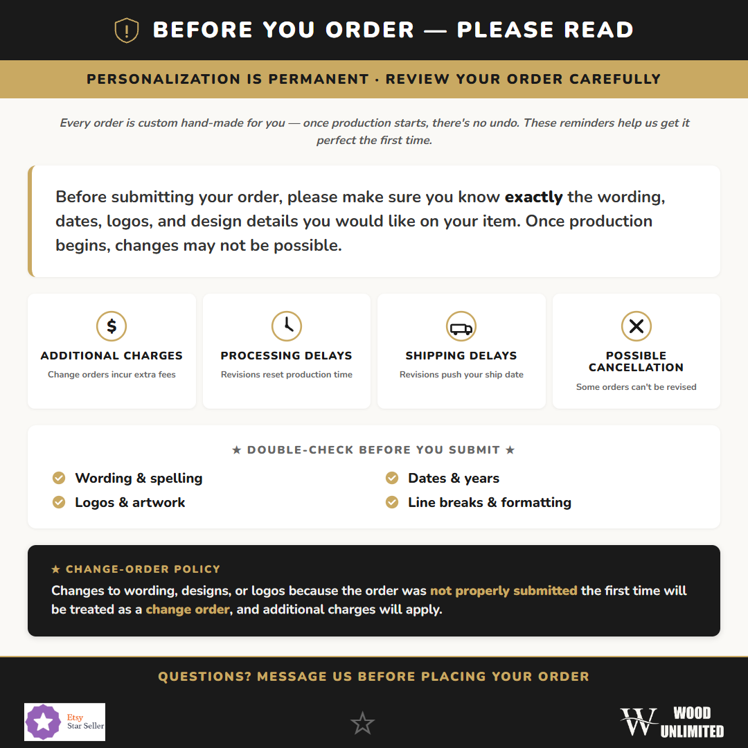 Important: please double-check your personalization spelling and details before you order — we engrave exactly what you submit