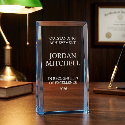 Personalized Billboard acrylic award on a warm executive desk with a green banker's lamp, engraved corporate recognition and retirement gift