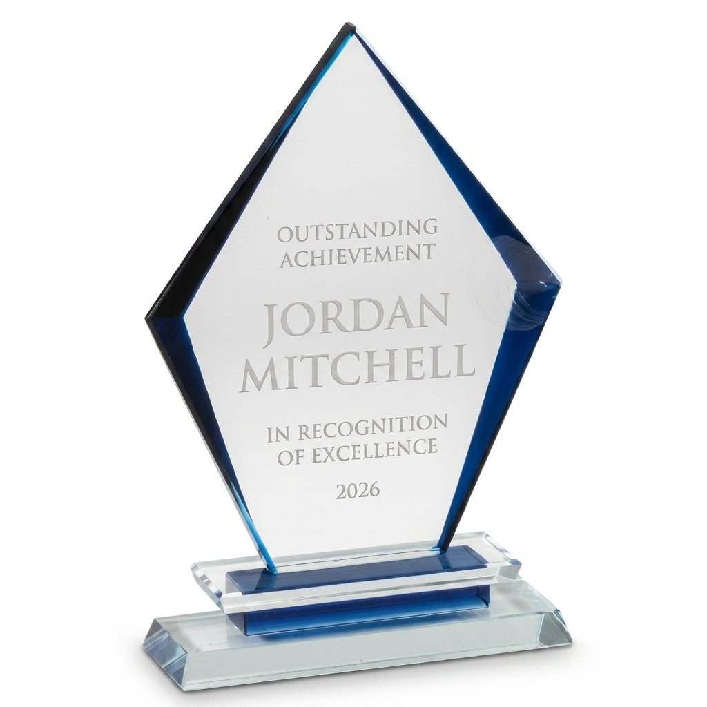 Personalized Black Arrow Clear Base crystal award, custom laser engraved recognition award on a clean white studio background