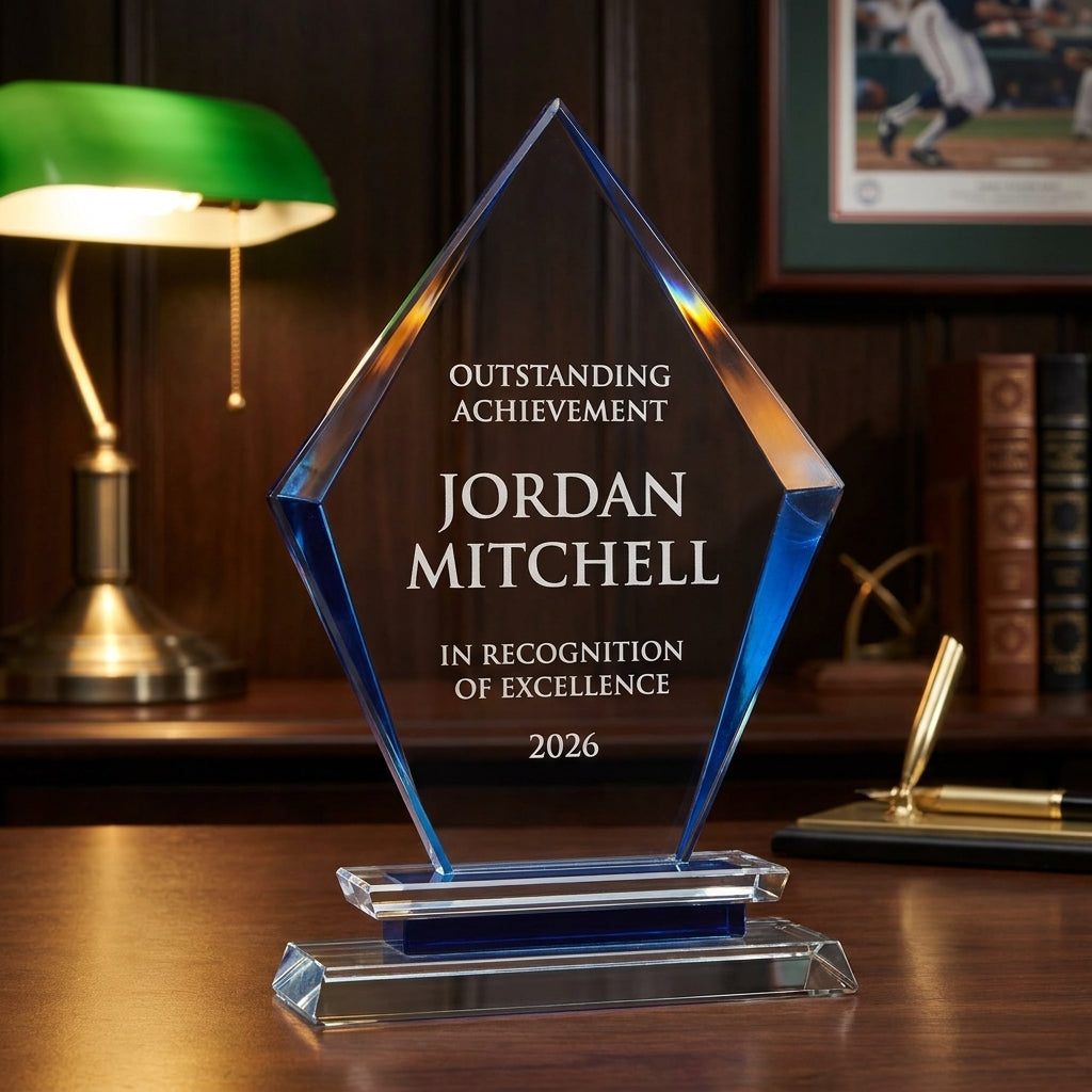 Personalized Black Arrow Clear Base crystal award on a warm executive desk with a green banker's lamp, engraved corporate recognition and retirement gift