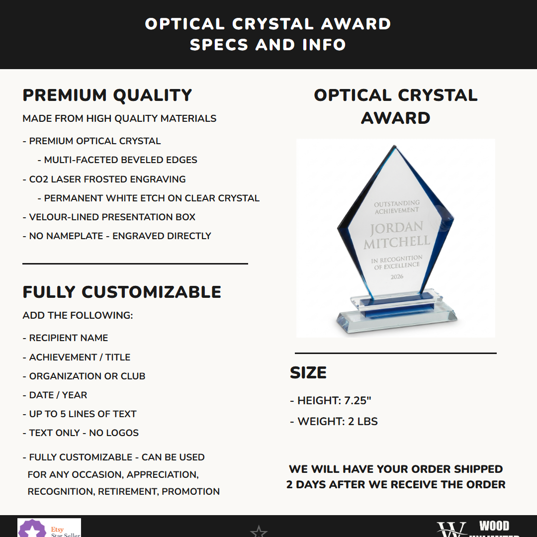 Specifications for the personalized Black Arrow Clear Base crystal award — materials, engraving, and features