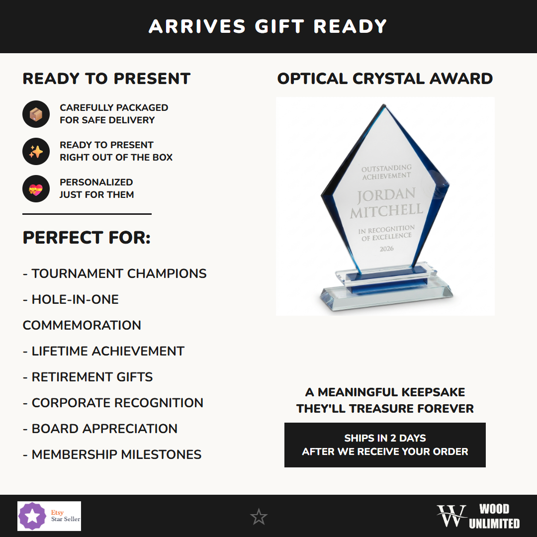 Gift-ready personalized Black Arrow Clear Base crystal award, perfect for ceremonies, retirements, and corporate recognition