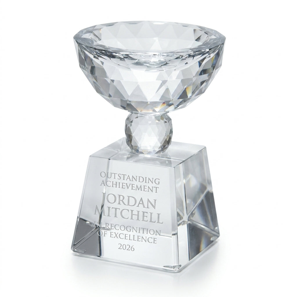 Personalized Bowl Trophy crystal award, custom laser engraved recognition award on a clean white studio background