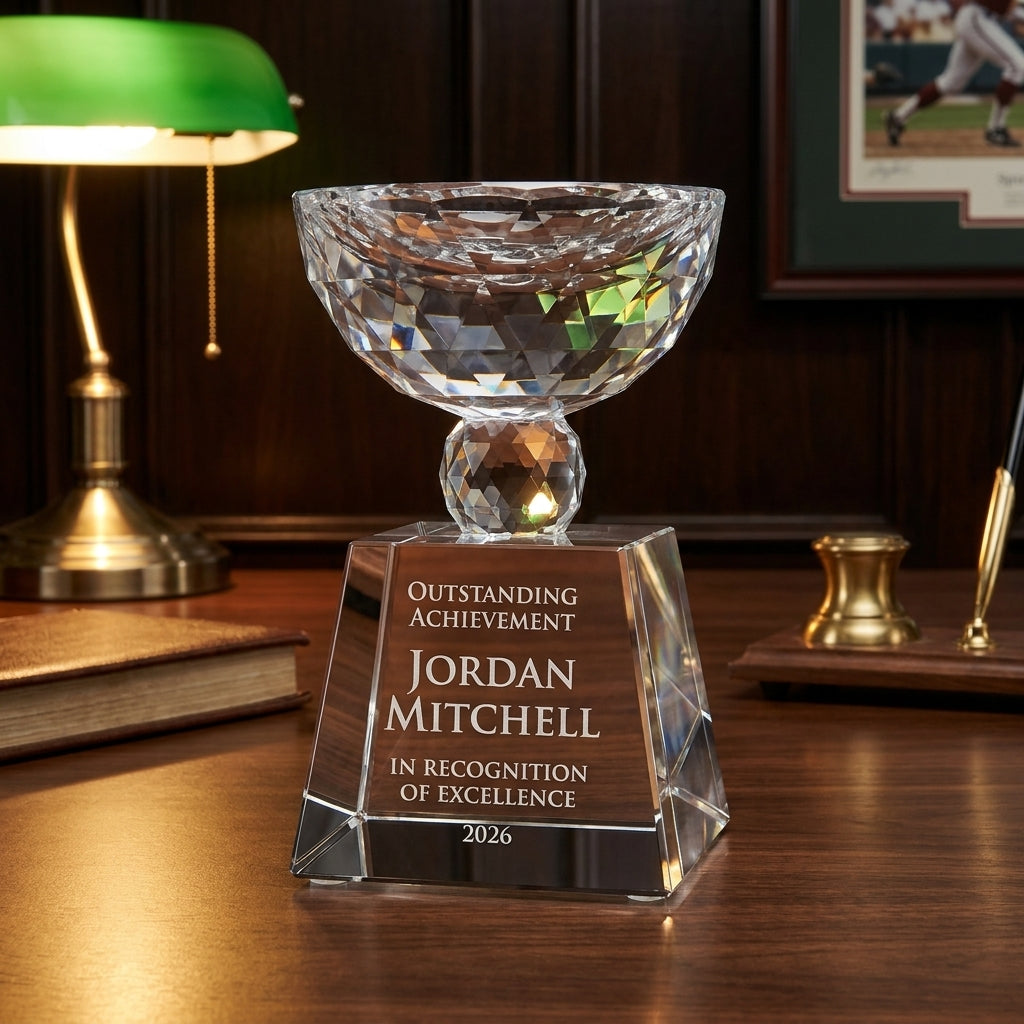 Personalized Bowl Trophy crystal award on a warm executive desk with a green banker's lamp, engraved corporate recognition and retirement gift