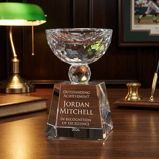 Personalized Bowl Trophy crystal award on a warm executive desk with a green banker's lamp, engraved corporate recognition and retirement gift