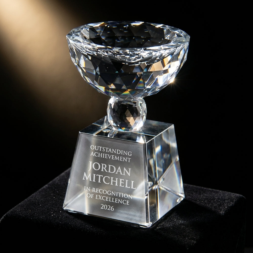 Personalized Bowl Trophy crystal award on black velvet under awards-ceremony spotlight, engraved champion and lifetime achievement award