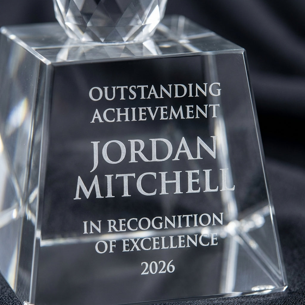 Close-up of the custom laser engraving on a personalized Bowl Trophy crystal award, showing crisp permanent personalization