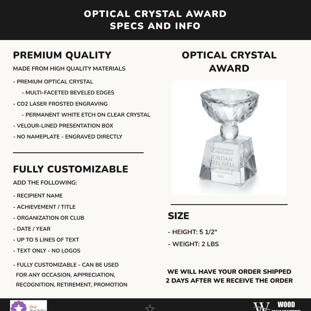 Specifications for the personalized Bowl Trophy crystal award — materials, engraving, and features