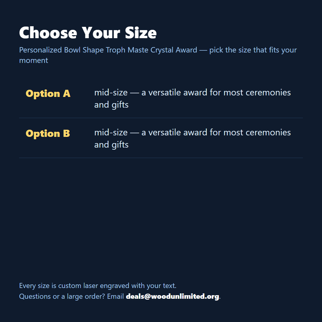 Size guide for the personalized Bowl Trophy crystal award, choose the size that fits your ceremony or gift