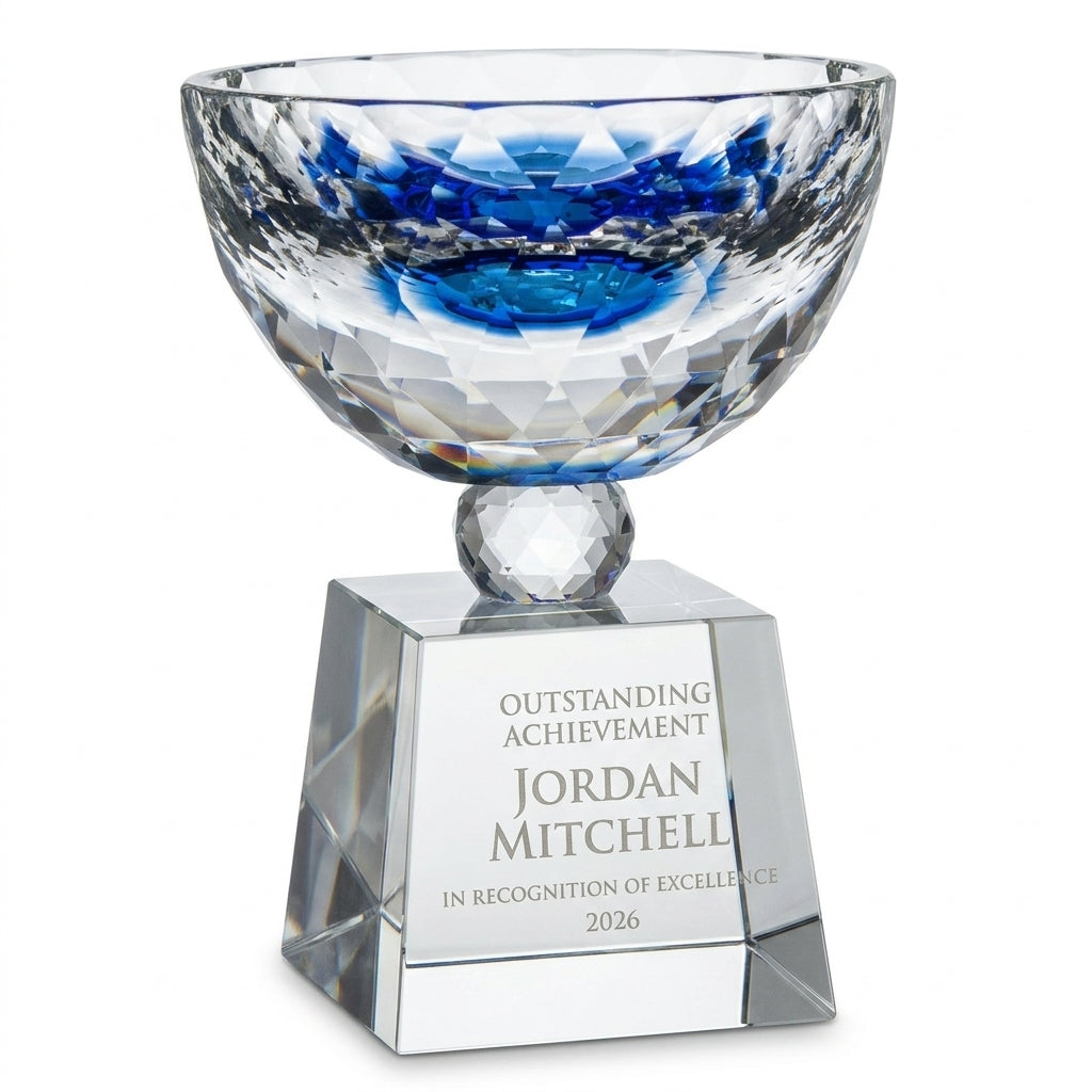Personalized Bowl crystal award, custom laser engraved recognition award on a clean white studio background