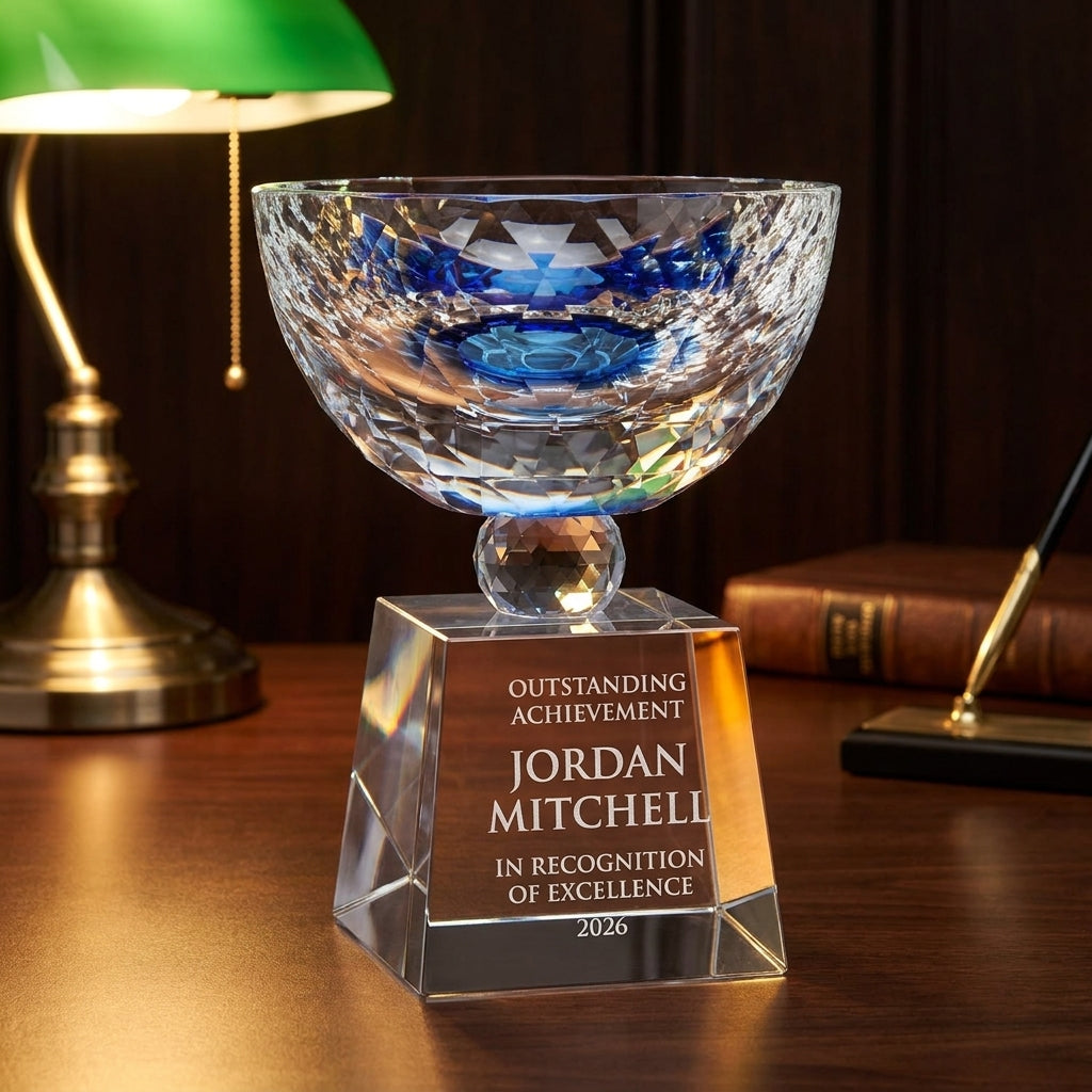 Personalized Bowl crystal award on a warm executive desk with a green banker's lamp, engraved corporate recognition and retirement gift